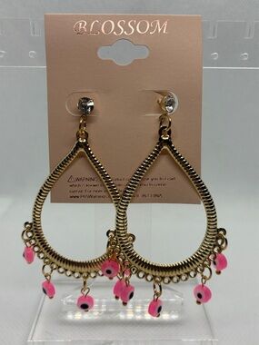 3For$20 Blossom Gold Teardrop Evil Eye Earrings with Pink Dangle Accents
